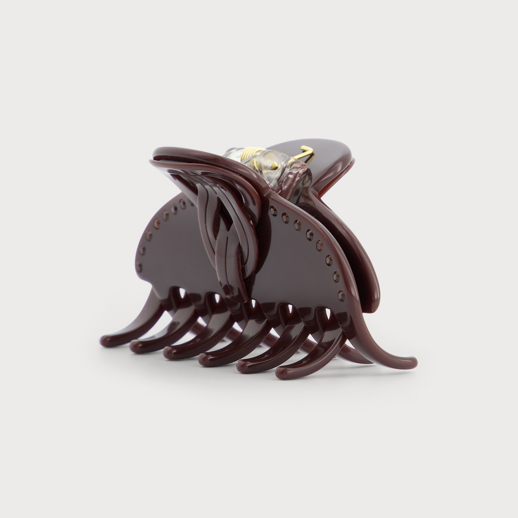 Pince S accessoire de cheveux confectionnée en France auprès d'artisans luxe finitions Knot vue de profil couleur Bordeaux