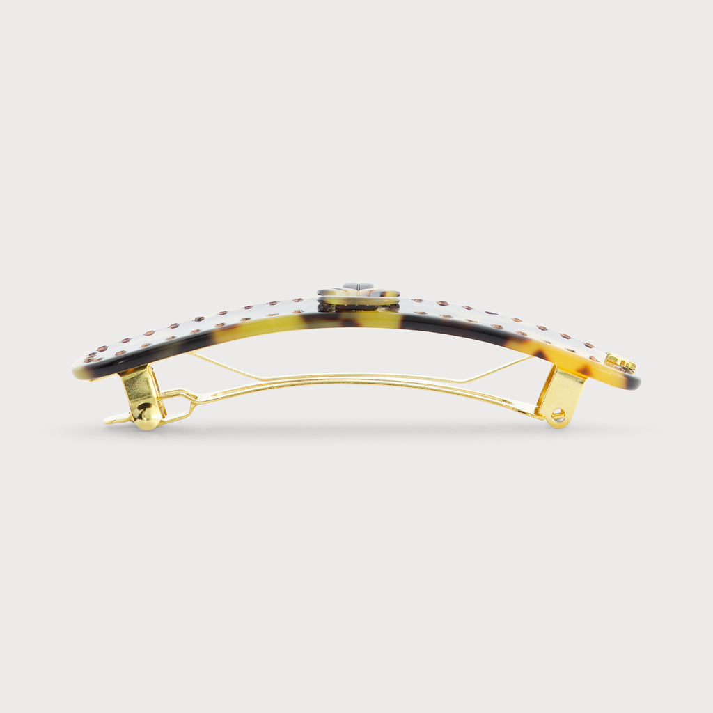 Barrette Fine bijou à cheveux Made In France haut de gamme vue de coté finition Knot couleur Ecaille Tortue