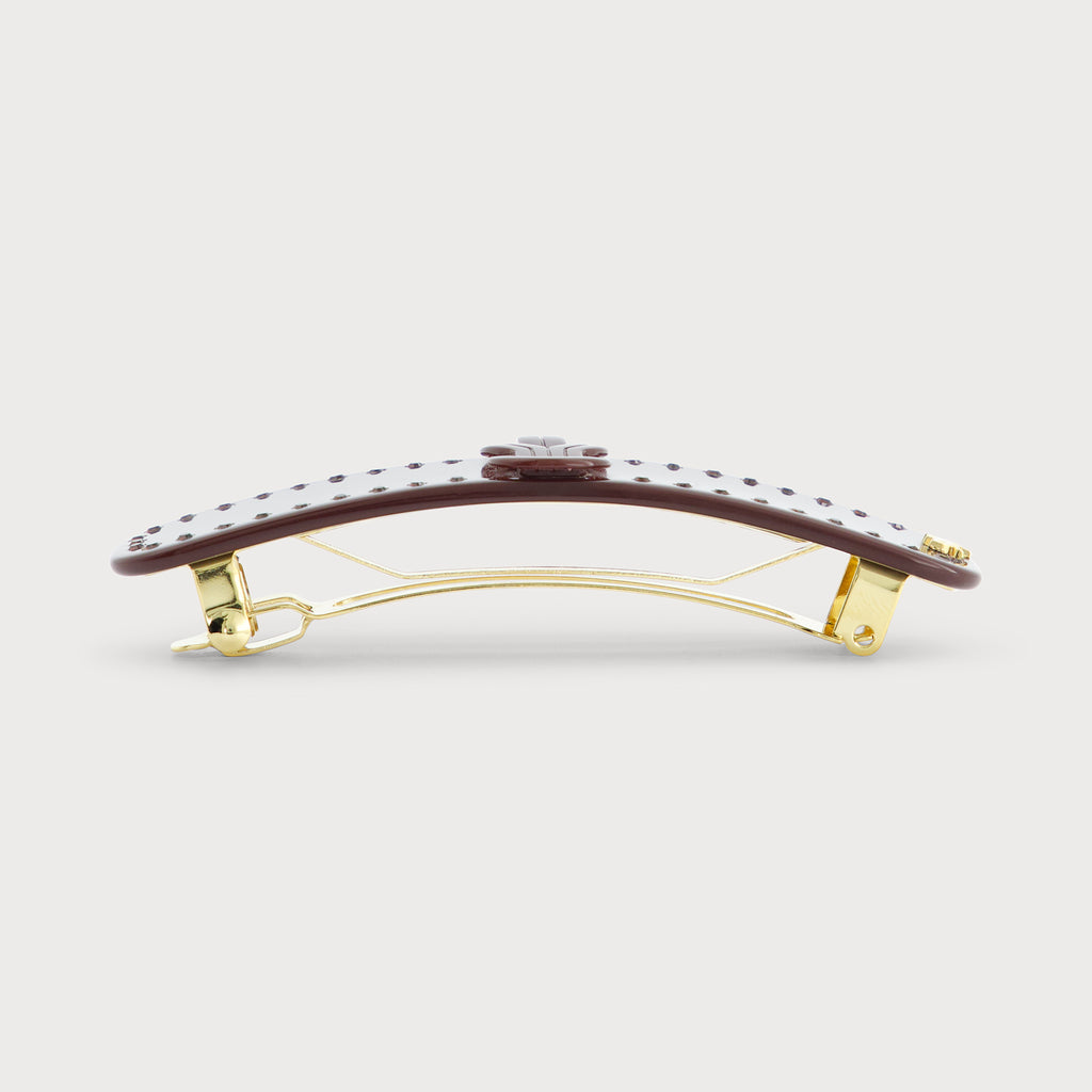 Barrette Fine bijou à cheveux Made In France haut de gamme vue de coté finition Knot couleur Lie de Vin