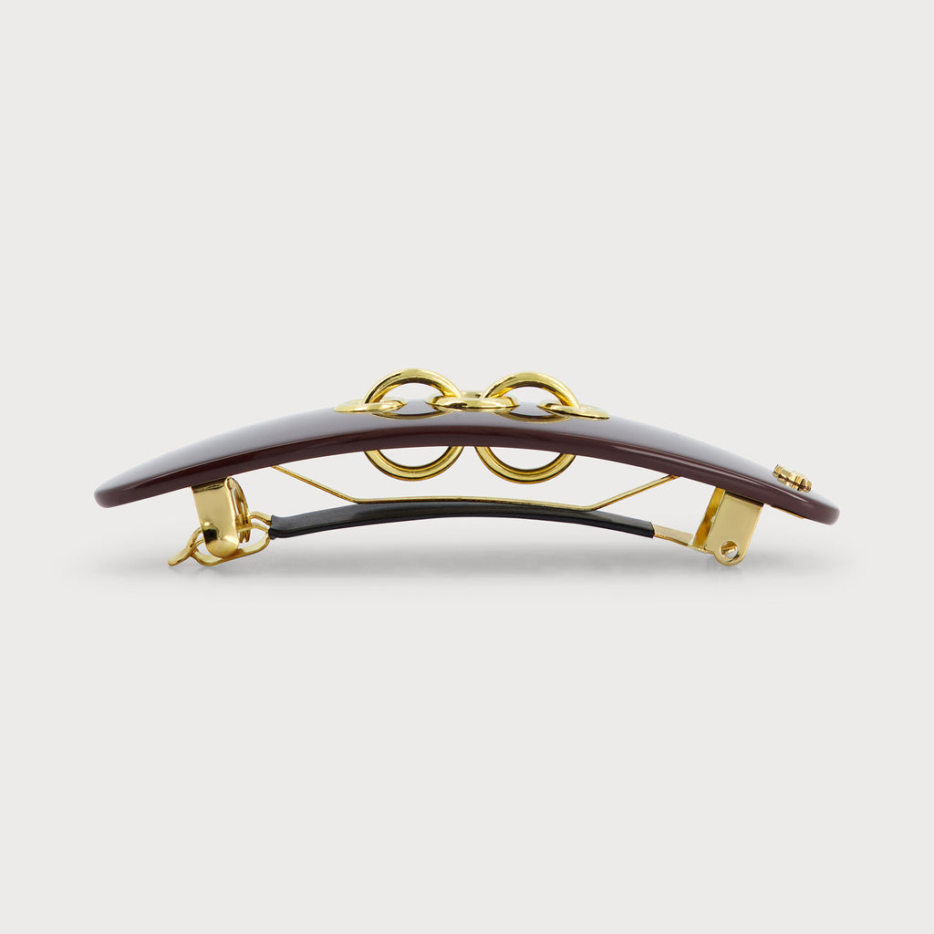 Barrette à cheveux confectionnée en France auprès d'artisans luxe couleur bordeaux et dorée finitions Eyelets