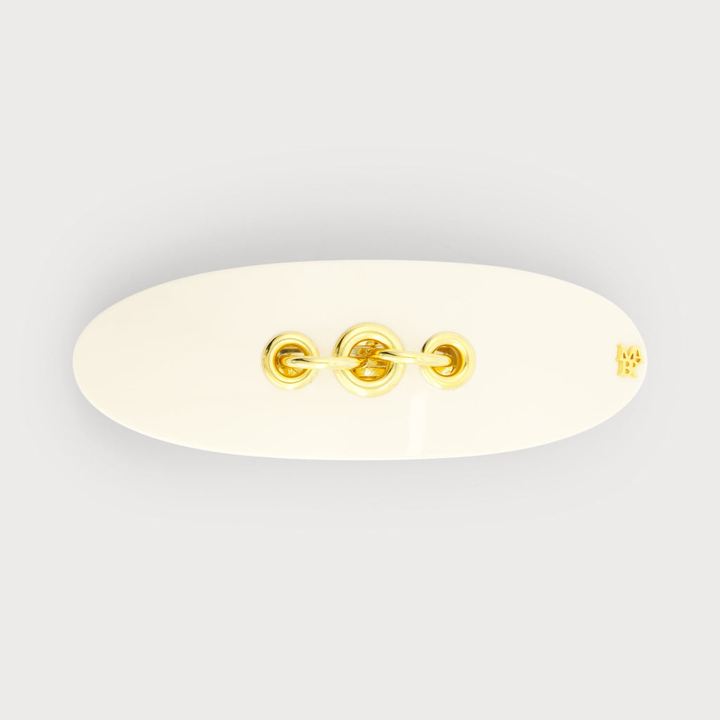 Barrette à cheveux confectionnée en France auprès d'artisans luxe couleur Ivoire et dorée finitions Eyelets