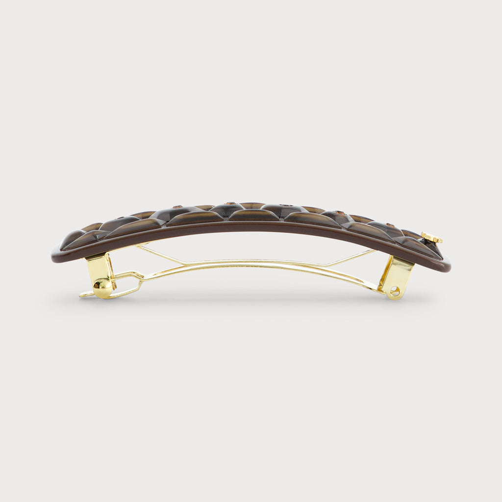 Barrette fine bijou à cheveux finition Carapace couleur marron confectionné en France haut de gamme vue de coté