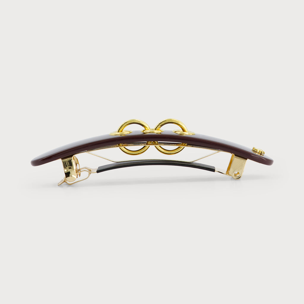 Barrette fine à cheveux confectionnée en France auprès d'artisans luxe couleur bordeaux finitions Eyelets