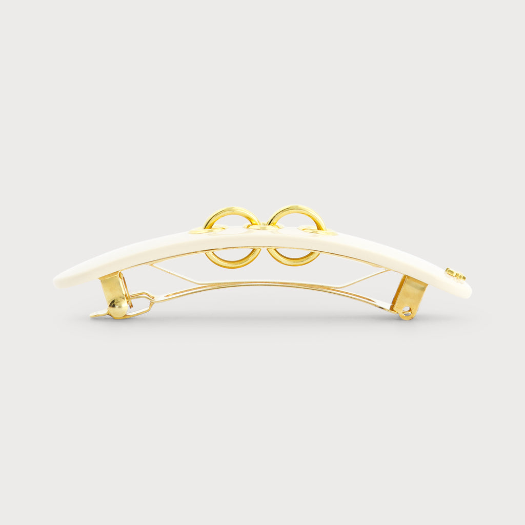 Barrette fine bijou à cheveux Made In France haut de gamme vue de coté finition Eyelets couleur ivoire
