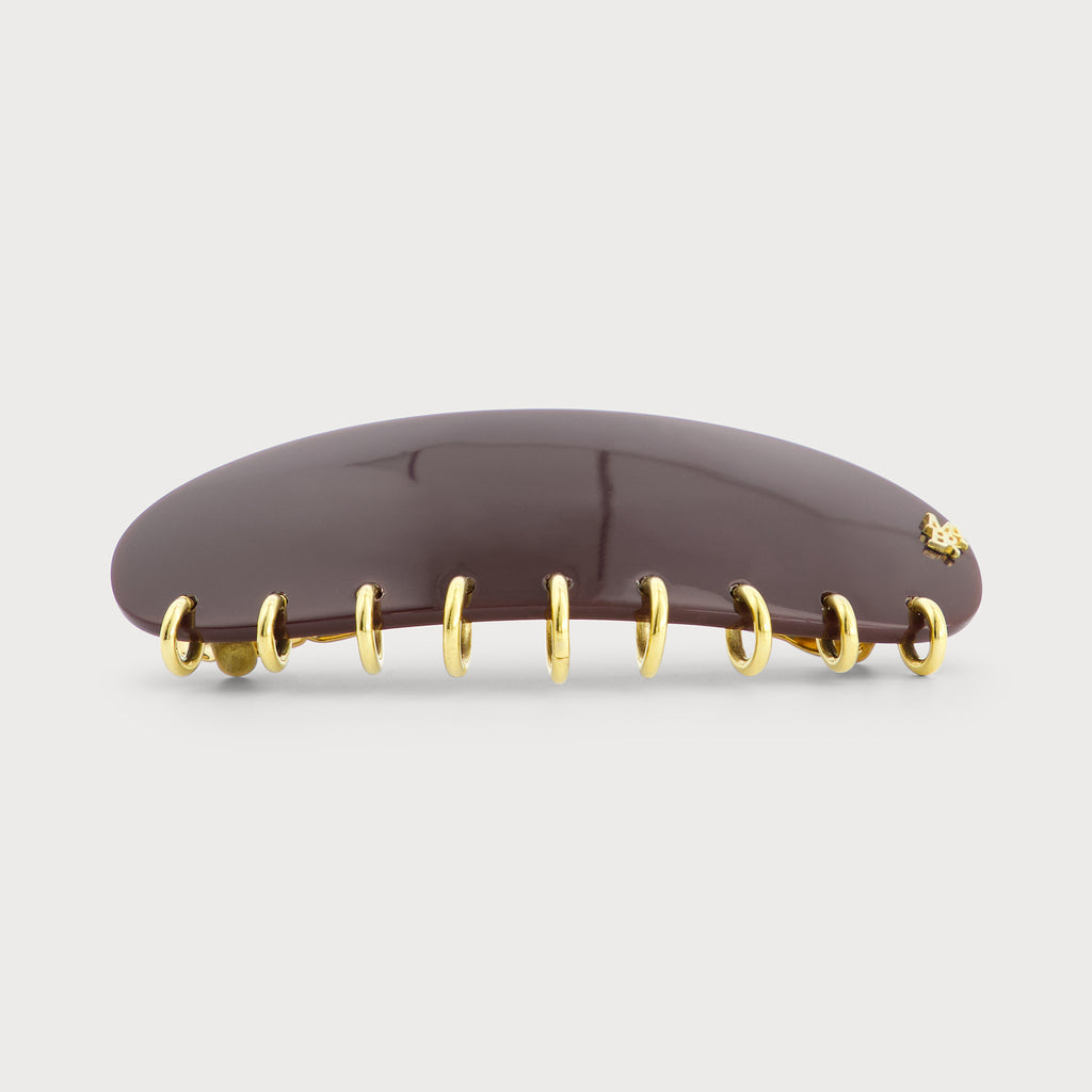 Barrette bijou à cheveux Made In France haut de gamme vue de coté finition Piercing couleur Lie de Vin