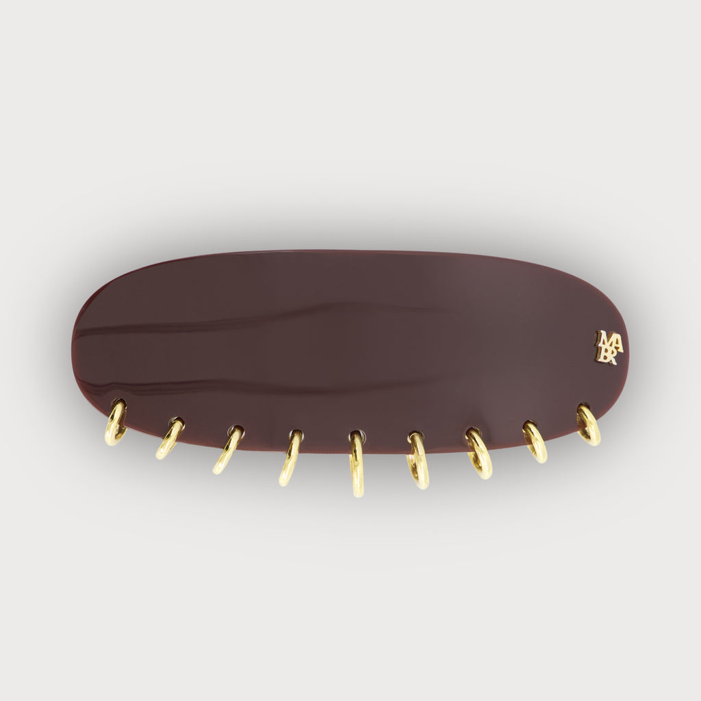 Barrette à cheveux confectionnée en France auprès d'artisans luxe finitions Piercing couleur bordeaux