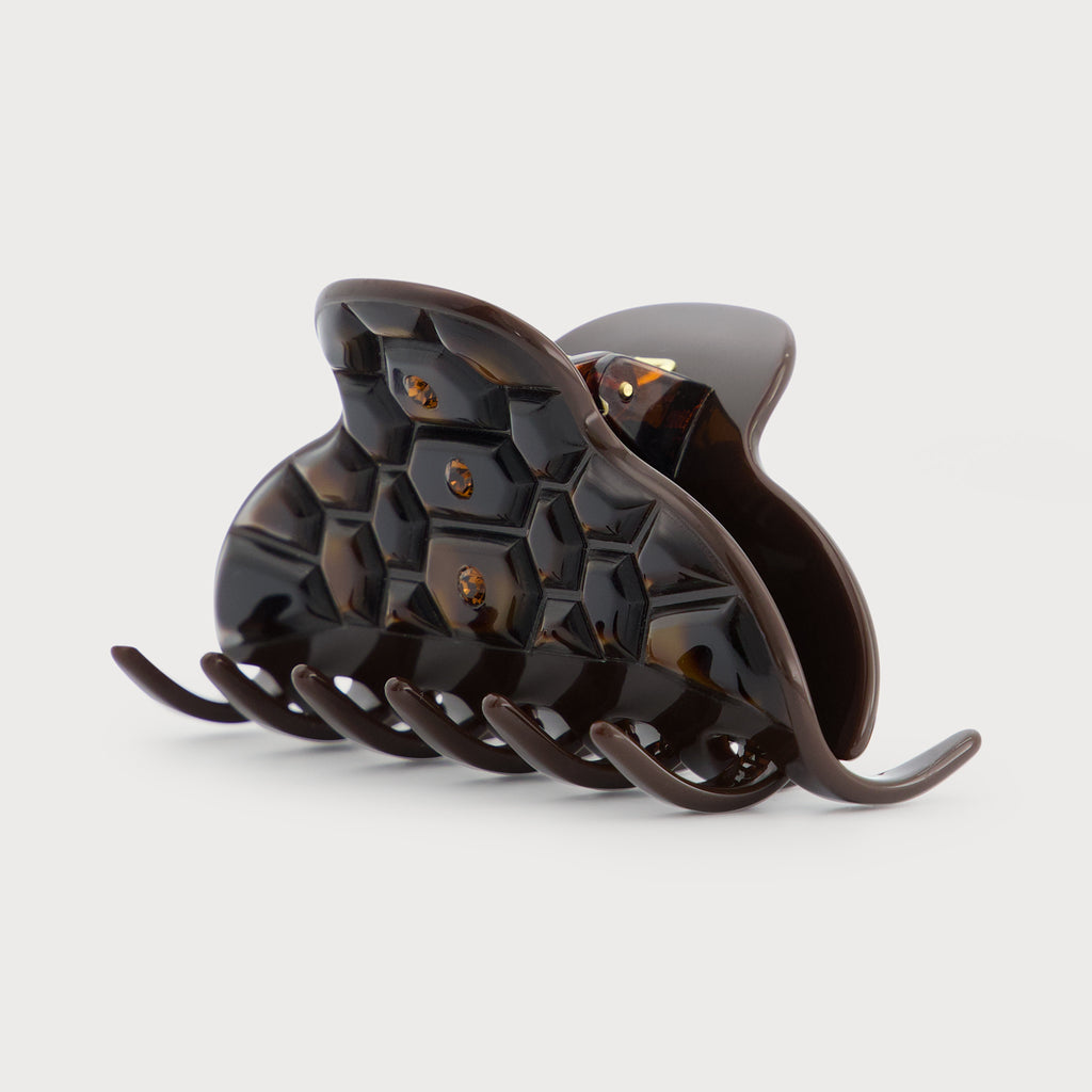 Pince bijou à cheveux finition Carapace couleur marron Made In France haut de gamme vue de coté